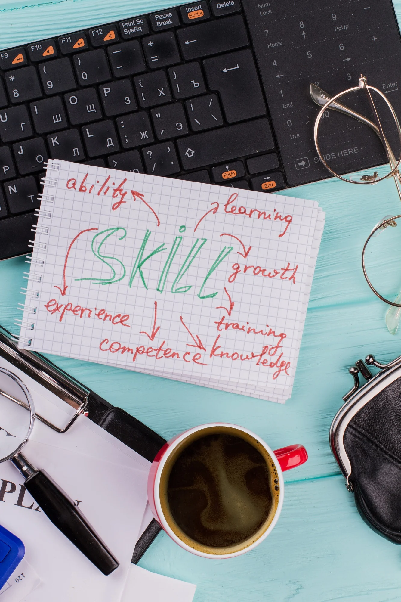 Close-up skill word on notepad with coffee keyboard.